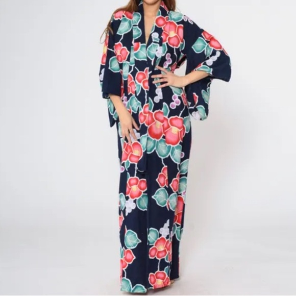 Japanese Floral Kimono Yukata Cotton Long Robe Navy Blue Red Morning Glory - Picture 3 of 11